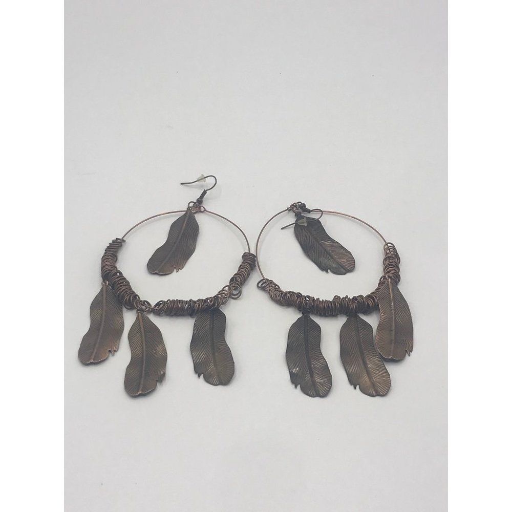 Boho Tribal copper feather hoop dangle French hook statement earrings.